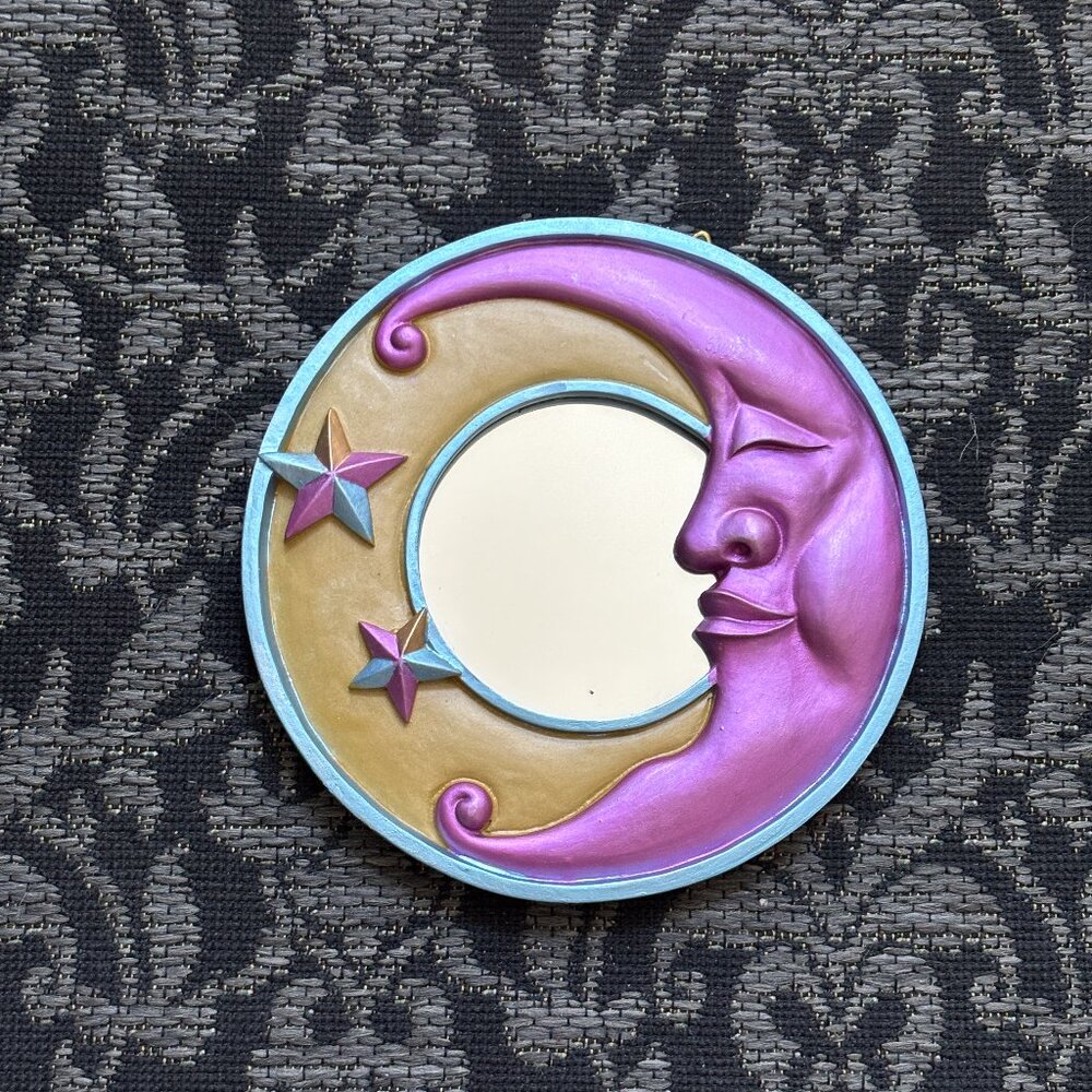 B 🌙 90s Vintage Pink & Gold Celestial Moon Mirror - Whimsigoth Wall Art